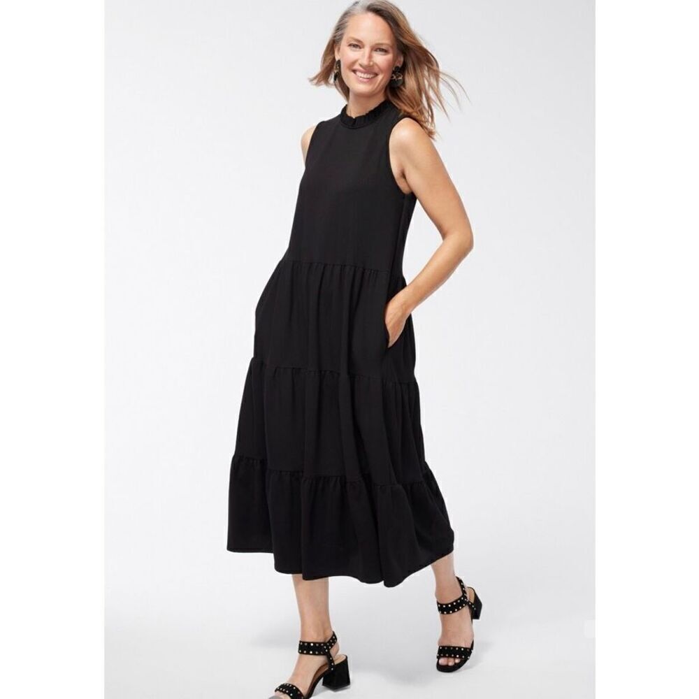 Chicos NWT $159 Midi Dress Tiered Ponte Solid Black All Occasions/ Seasons Sz 12 - Picture 1 of 13